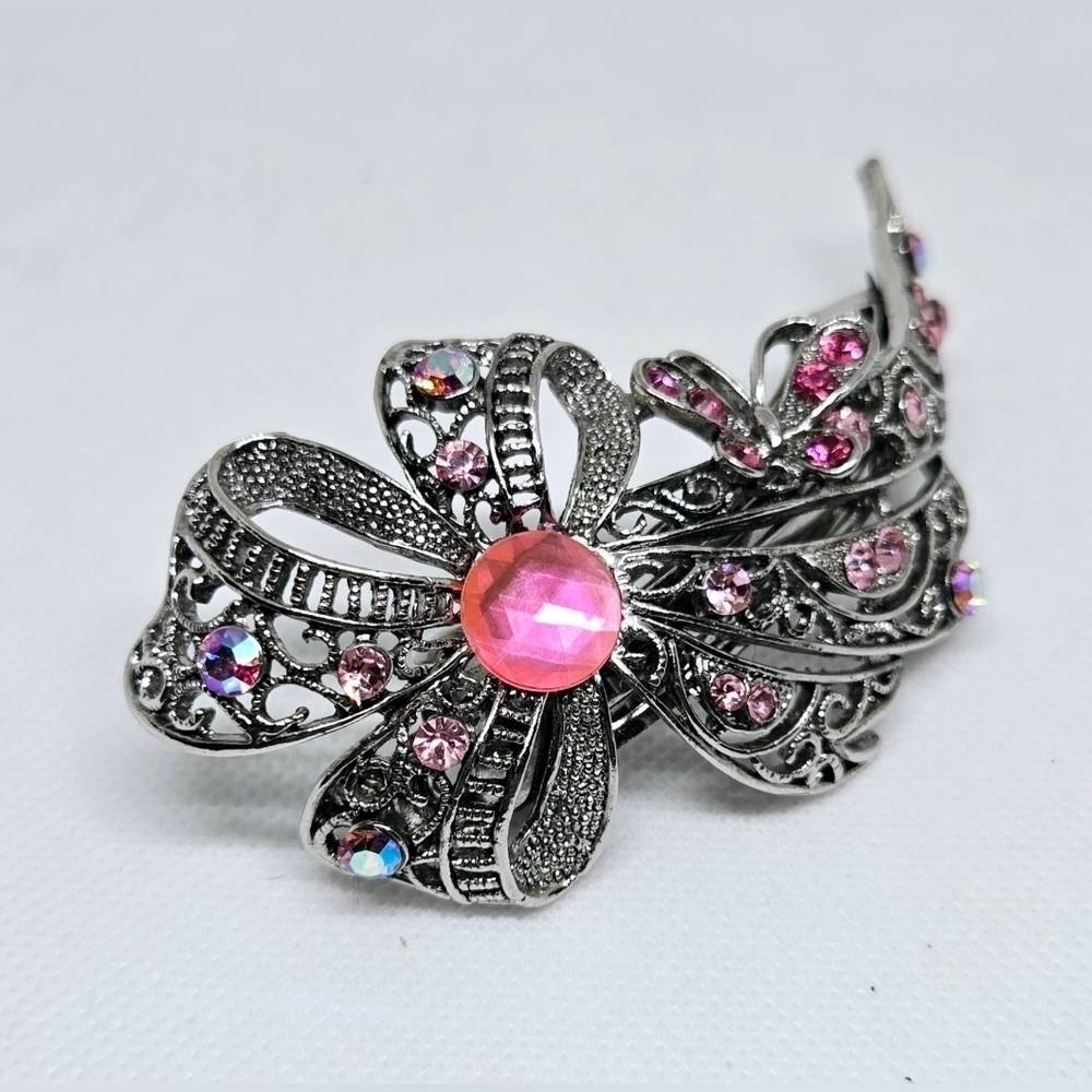 Vintage Silver & Pink Jeweled Hair Barrette – Victorian Style Accessory - Picture 7 of 8